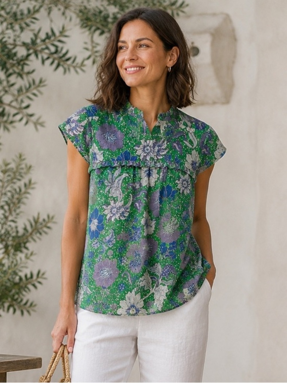 Joie Green Floral Metallic Thread Cap Sleeve Blouse Top EUC XL #2671